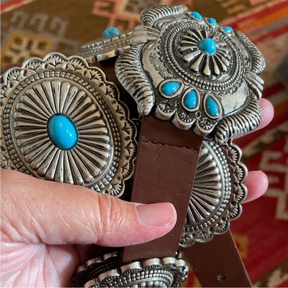 Shyanne Leather Silver-tone Faux Turquoise Concho Boho Belt Boot Barn S/M EUC main image 4